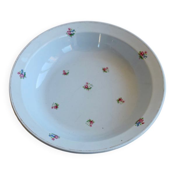 Plat de service rond ancien faïence bleu pâle décor petites fleurs – Moulin