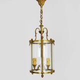 Old Louis XVI style vestibule lantern pendant light in brass and glass with 3 lights