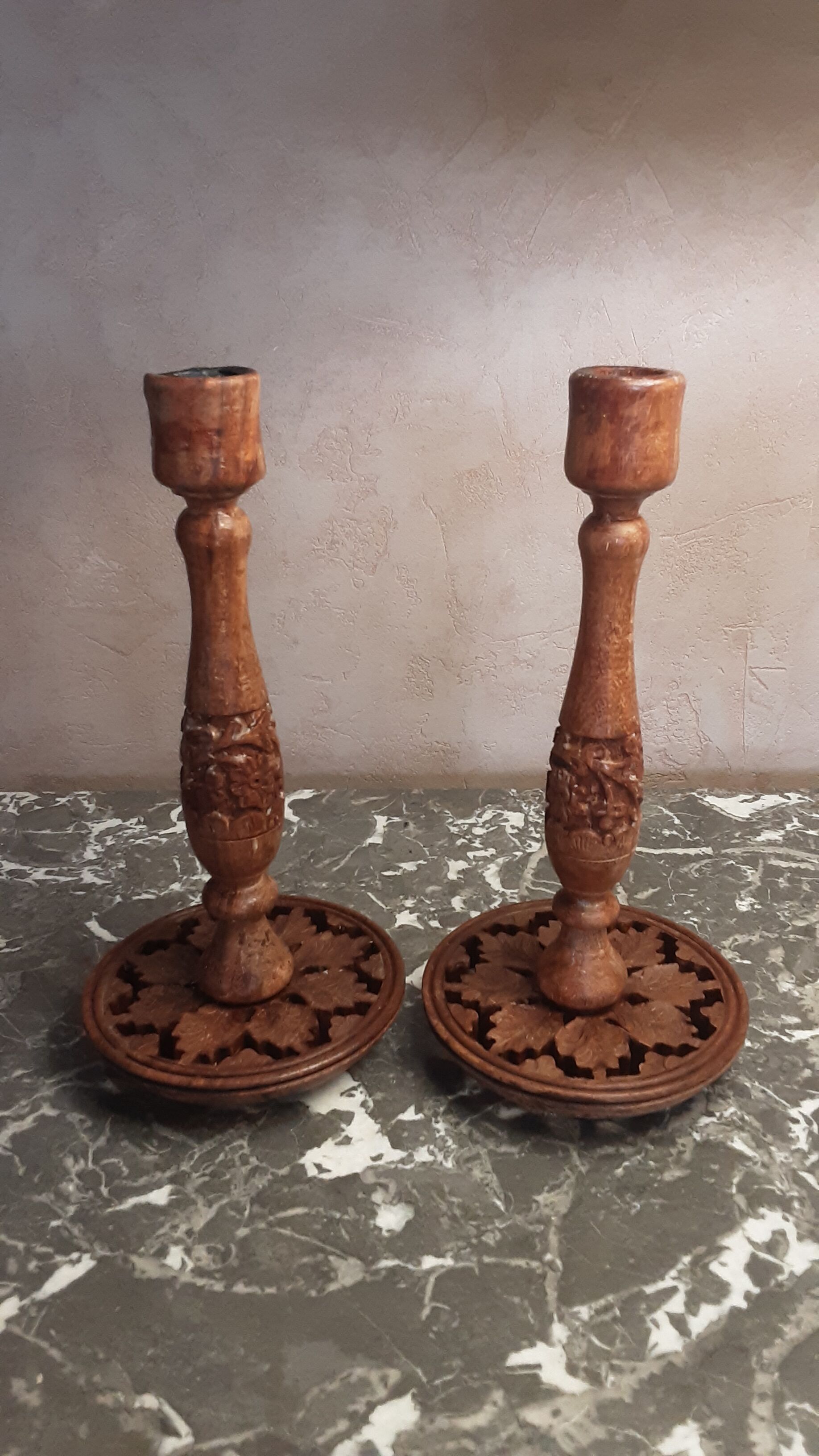 Lot 2 vintage wooden candlesticks