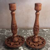 Lot 2 vintage wooden candlesticks