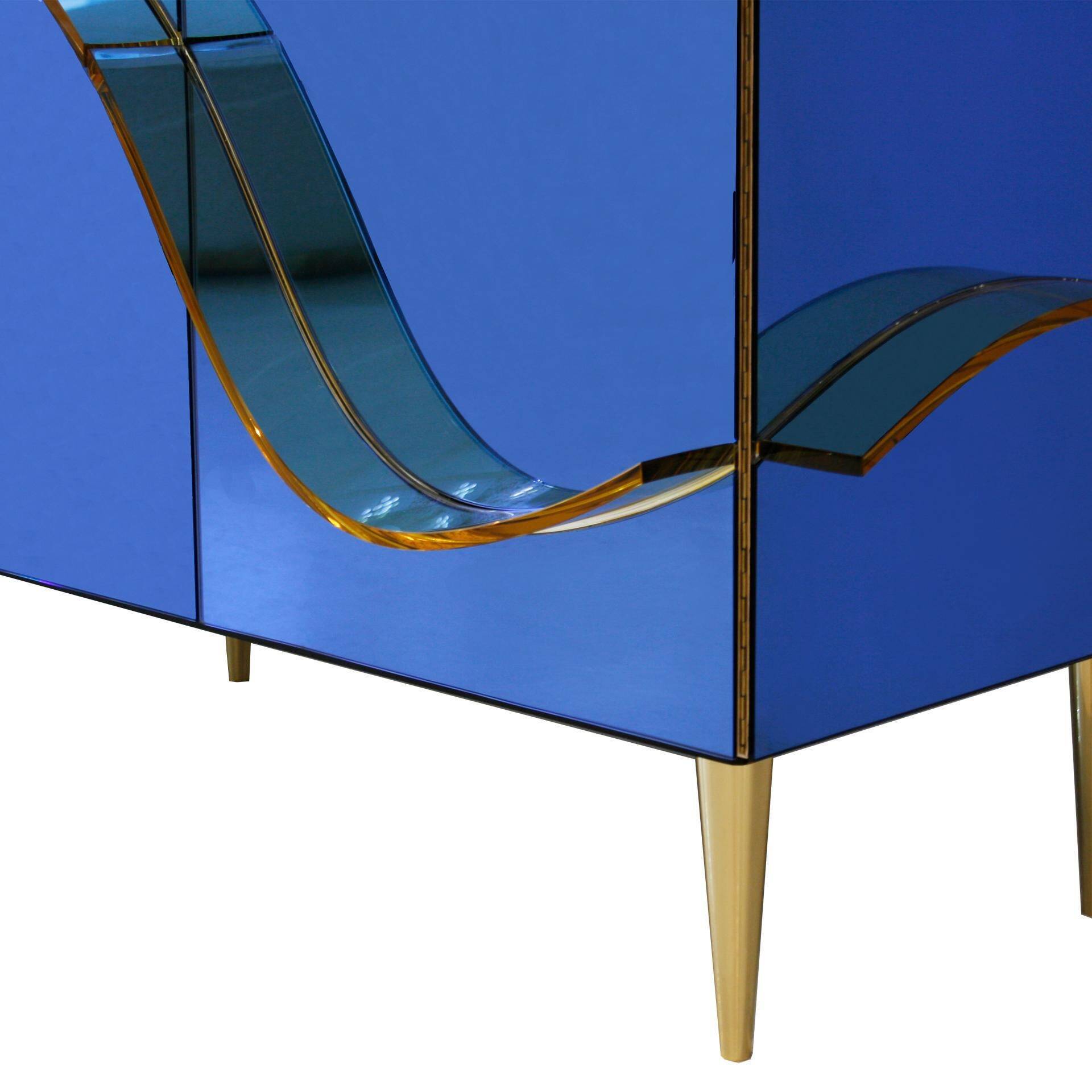 Italian Sideboard Covered In Blue and Orange Murano Mirrored Glass