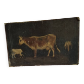 Pastoral oil on cardboard cows 19th signed