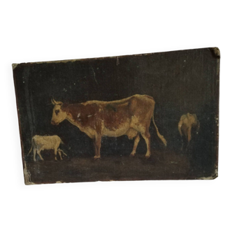 Pastoral oil on cardboard cows 19th signed
