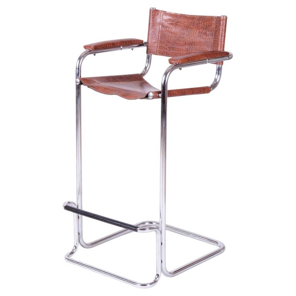 Bauhaus Bar Chair in Chromed Steel and Faux Leather, Germany, 1970s
