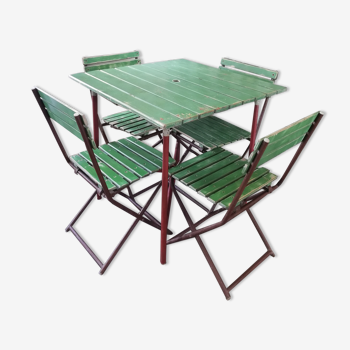 Table and 4 folding garden chairs, wooden, Czechoslovakia, 60s