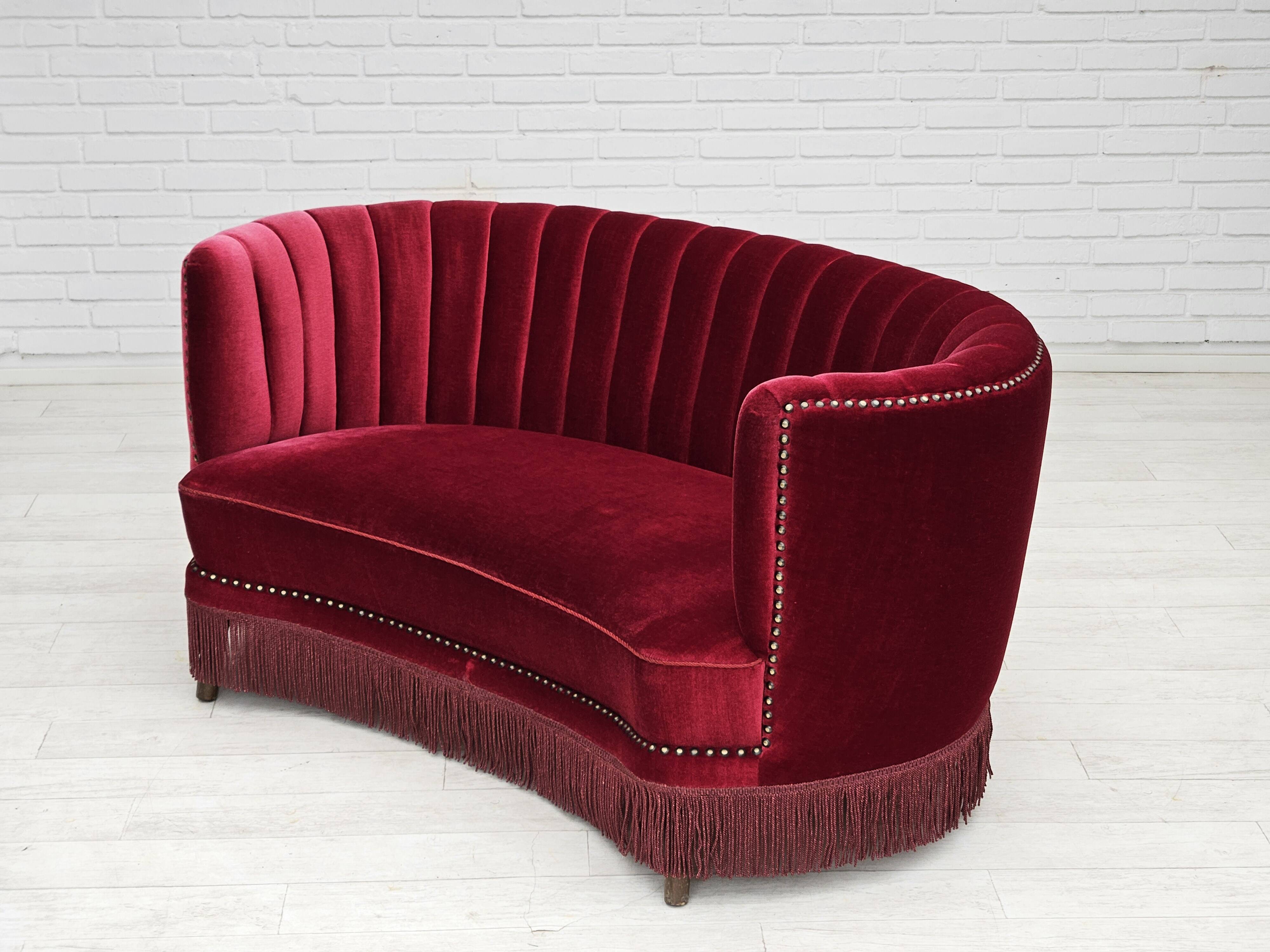 1970s, Danish 2-seater "Banana" sofa, original cherry-red velour.