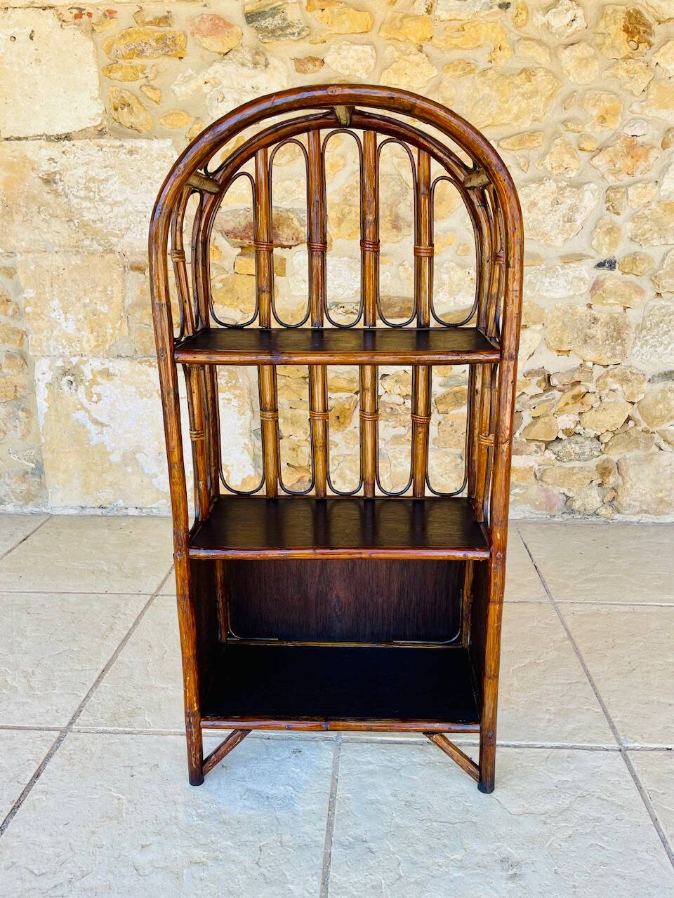 Vintage two-tier bamboo and rattan shelf with storage, Circa 1960