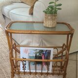 Porte-revues, table d'appoint en bambou et verre