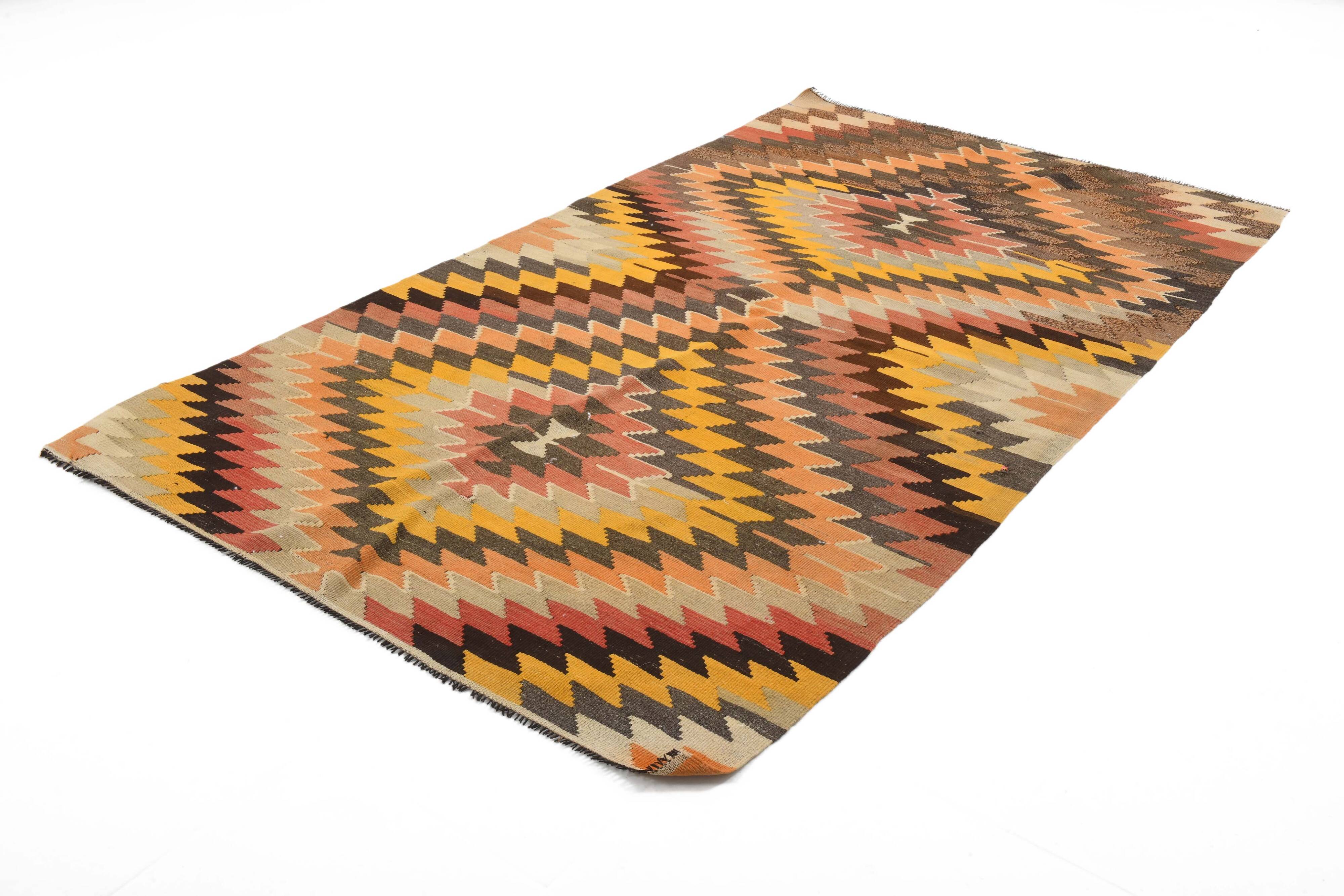 5x8 Orange & Brown Tribal Vintage Kilim Rug, 149x253Cm