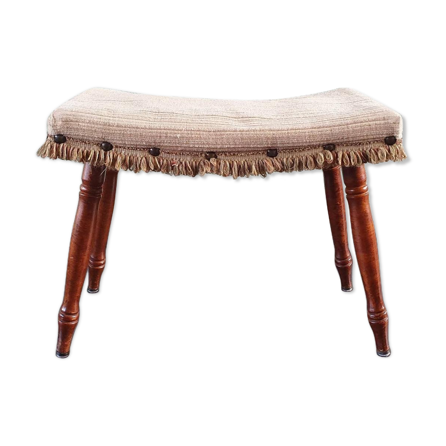 Vintage wooden footrest with 1970 fringed fabric coating