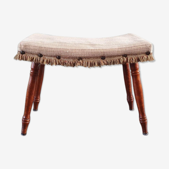 Vintage wooden footrest with 1970 fringed fabric coating