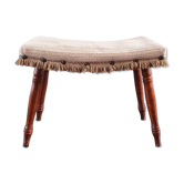 Vintage wooden footrest with 1970 fringed fabric coating