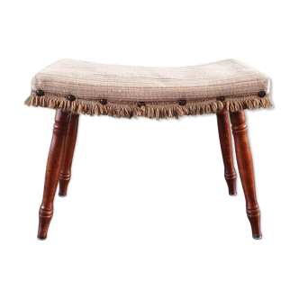 Vintage wooden footrest with 1970 fringed fabric coating