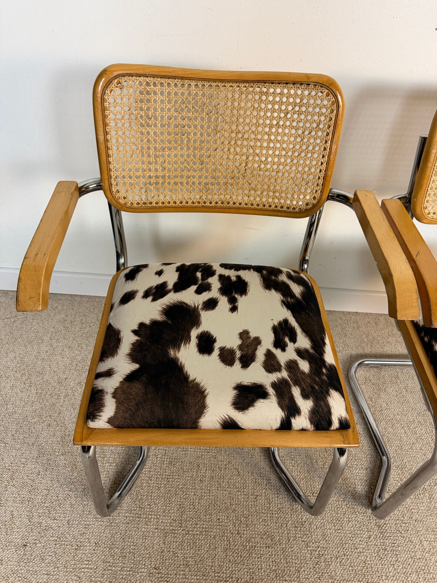 4 fauteuils cannés chrome et bois années 70