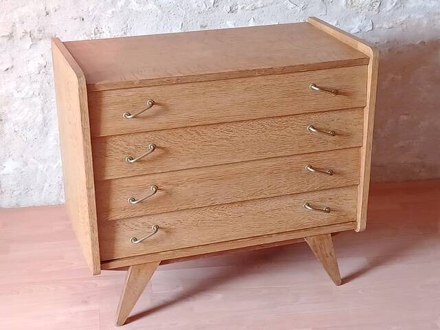 Renovated vintage chest of drawers with compass legs in light gilded wood, 1950-1960