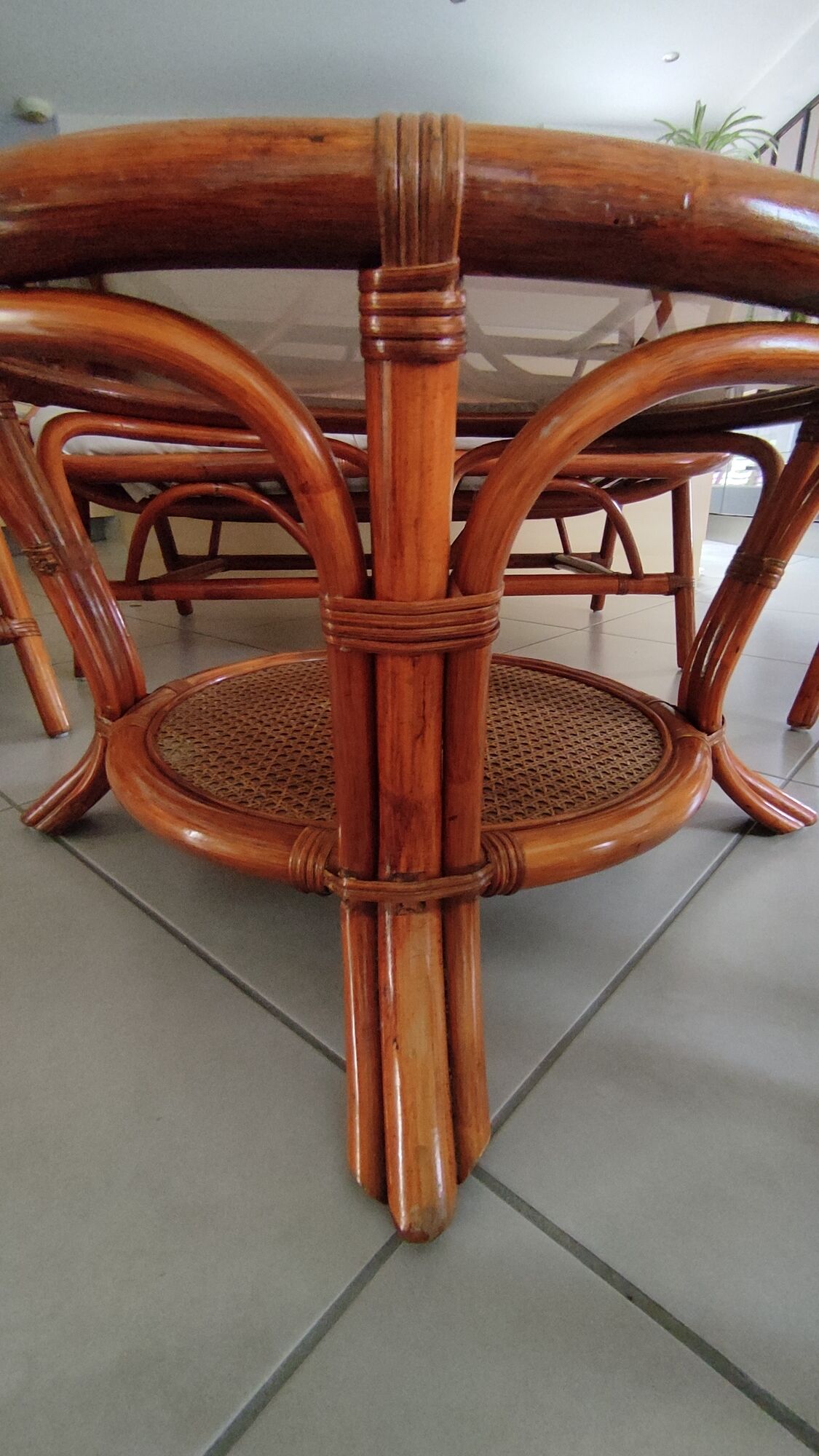 Sofa armchairs and coffee table in vintage rattan of six pieces