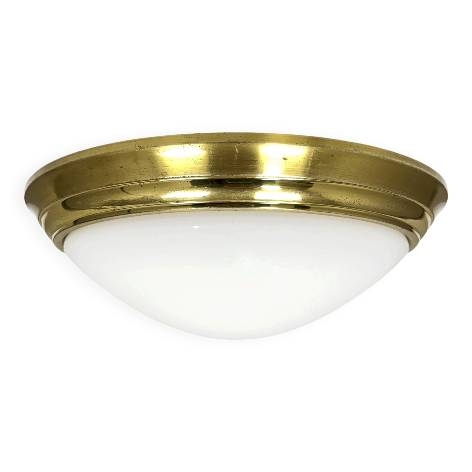 Plafonnier rond Glashütte Limburg des années 1970, en verre de laiton.