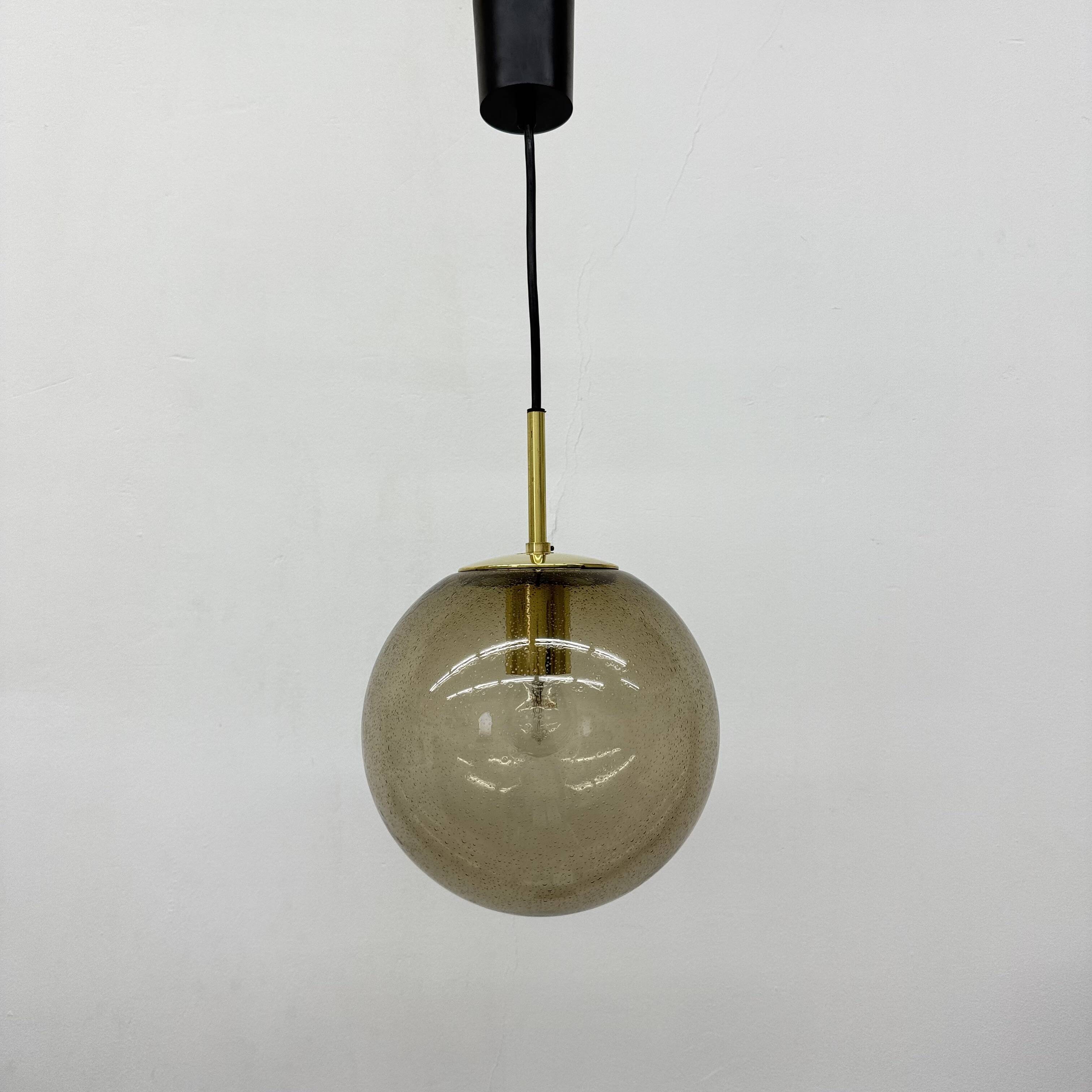 Limburg Glashütte brass smoked glass ball pendant hanging lamp , 1970s