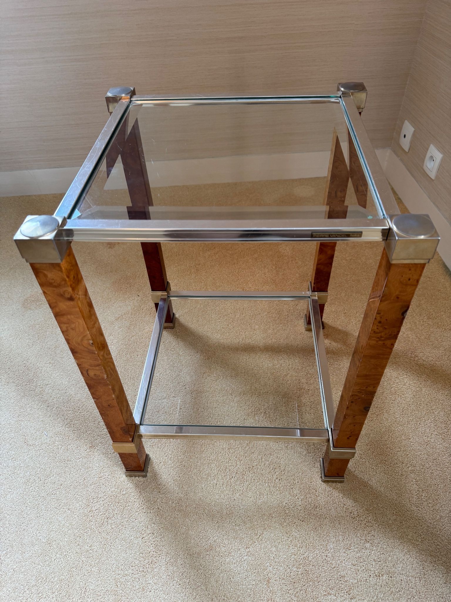 Side table Pierre Vandel Paris, magnifying glass and chrome, engraved brass plate.