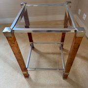 Side table Pierre Vandel Paris, magnifying glass and chrome, engraved brass plate.