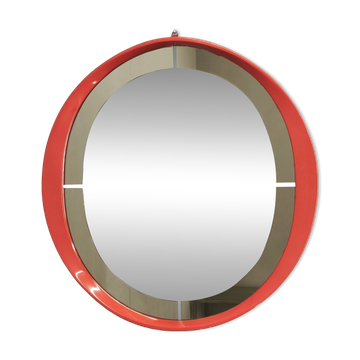 Miroir rond Space Age en laque rouge et verre fumé, italie années 1970