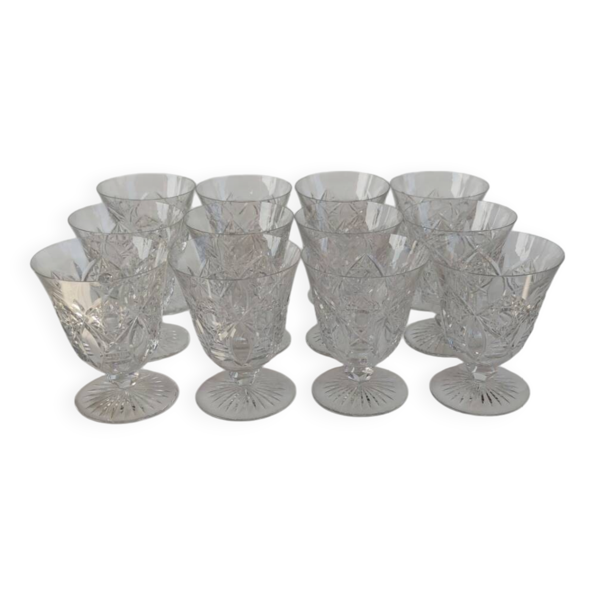 12 Baccarat crystal water and wine glasses, Beaujeu model, mid-20th century.