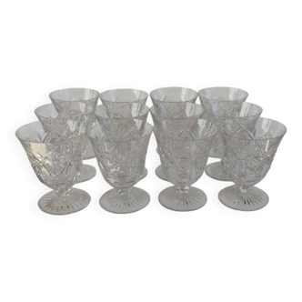 12 Baccarat crystal water/wine glasses, Beaujeu model, mid-20th century.