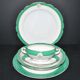 Paris porcelain set of 3 plates and a sauce boat with green border and gold monogram JC.
