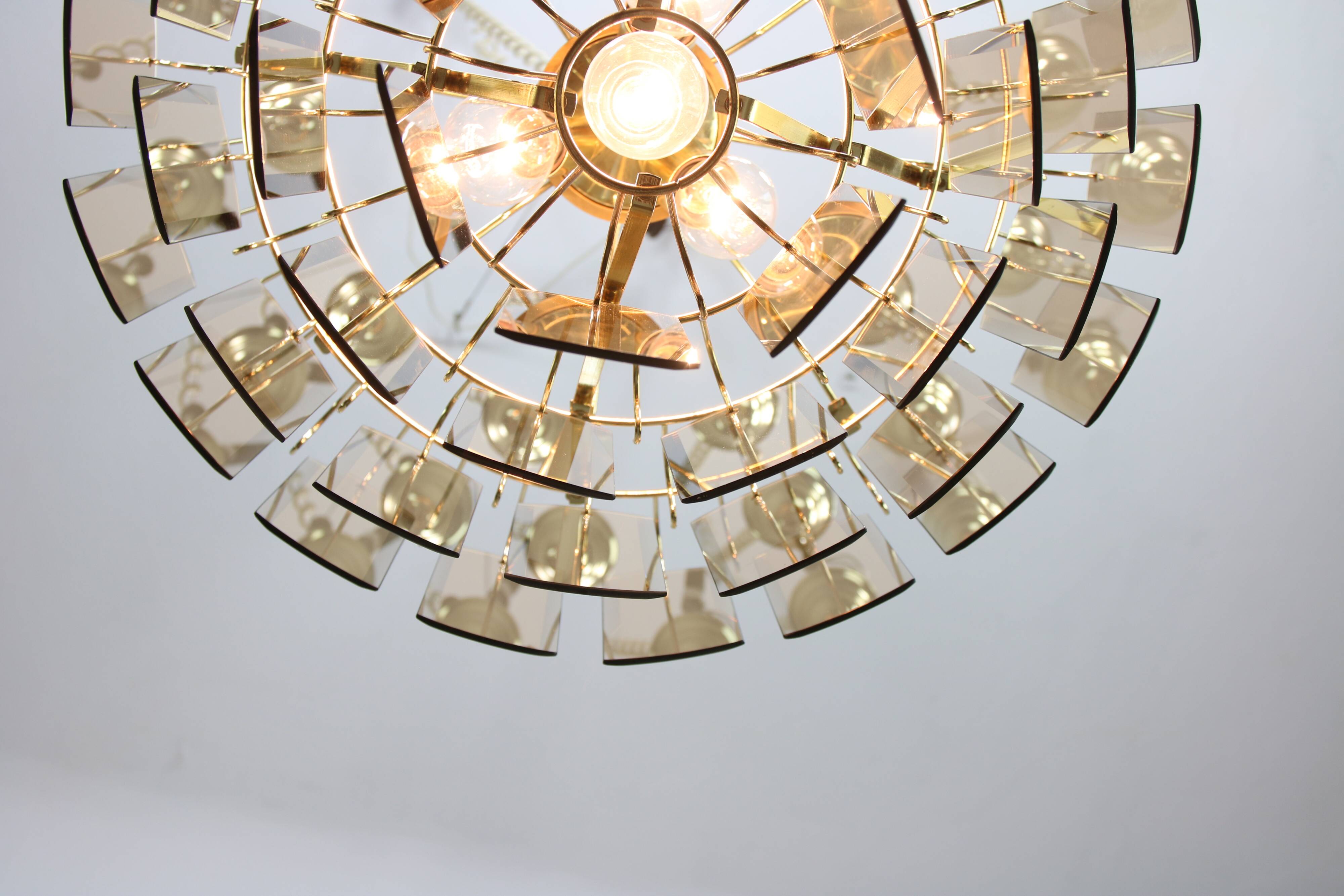 Vintage Veca Chandelier: Italian 1970s Smoked Glass & Brass Pendant Lamp