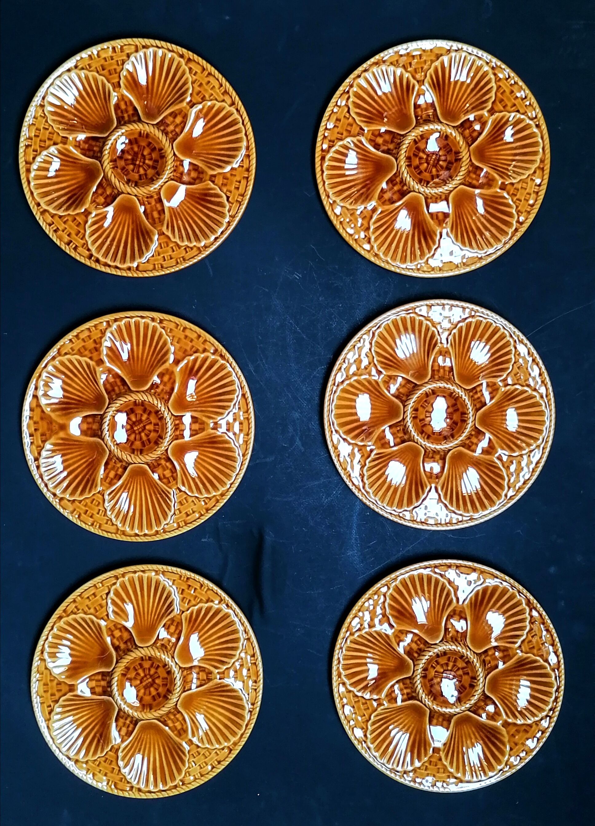 6 oyster plates majolica barbotine Longchamp