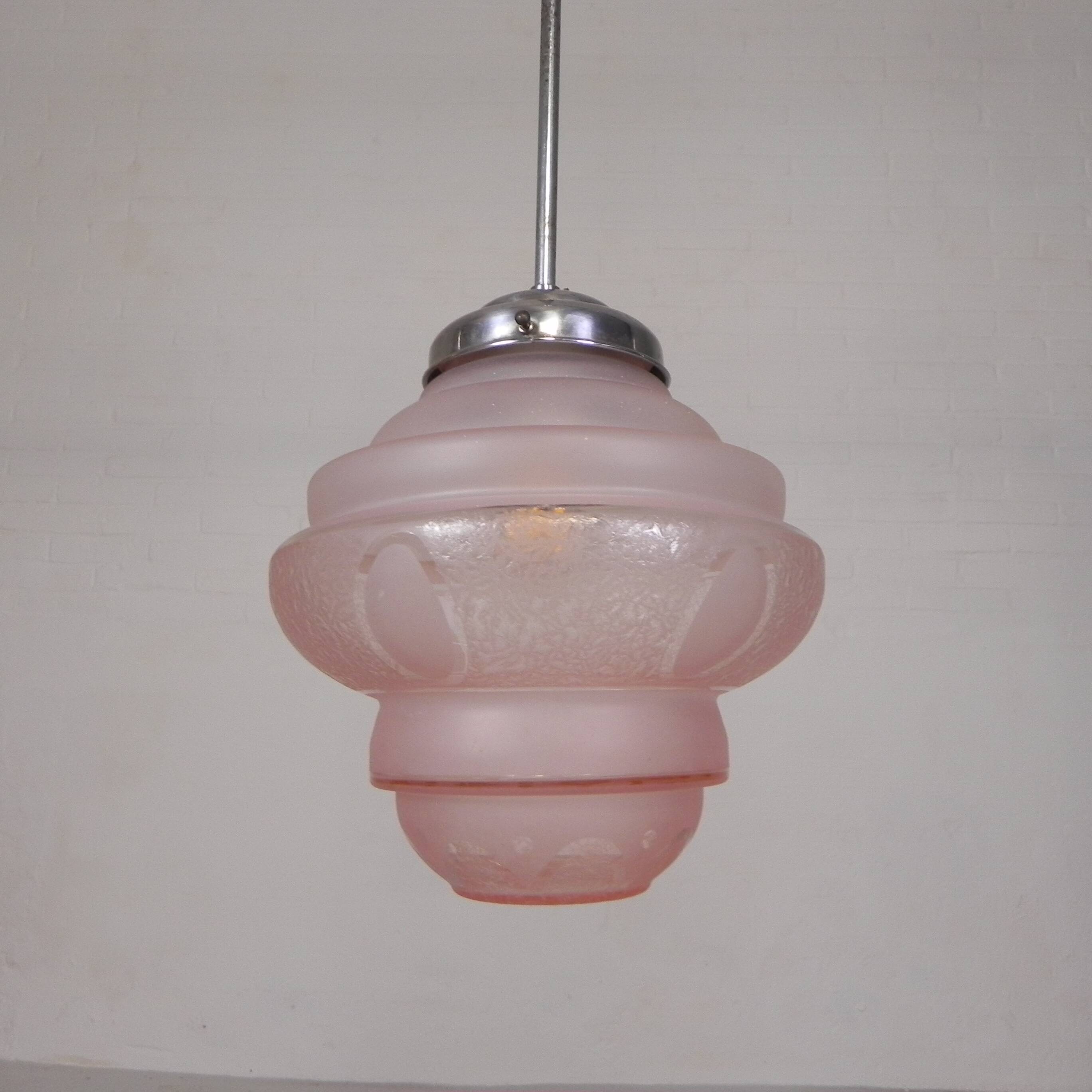 Art Deco pendant lamp with pink glass shade, 1930s