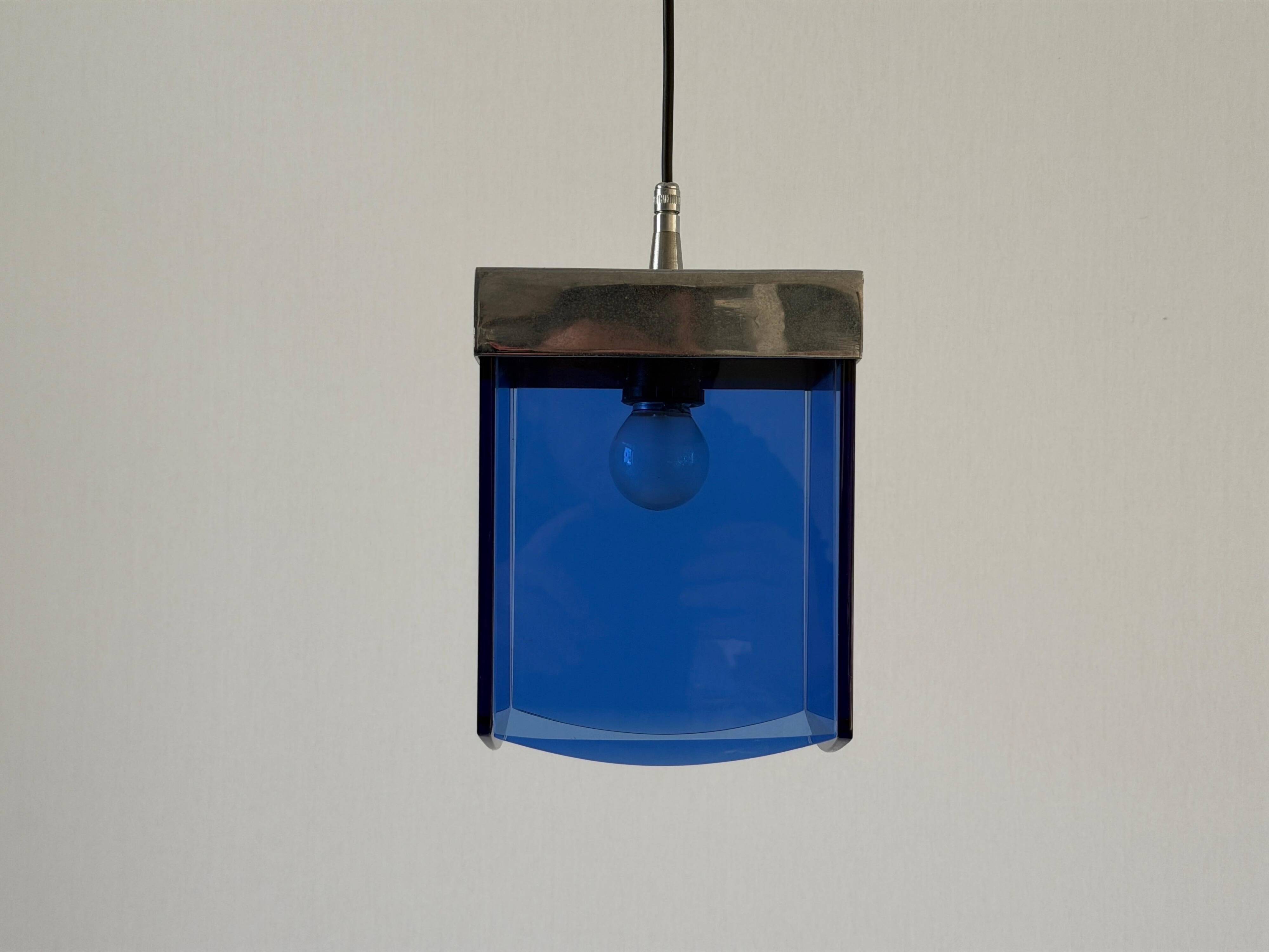 Art Deco ceiling light in blue glass and chrome, 1950s, Italy