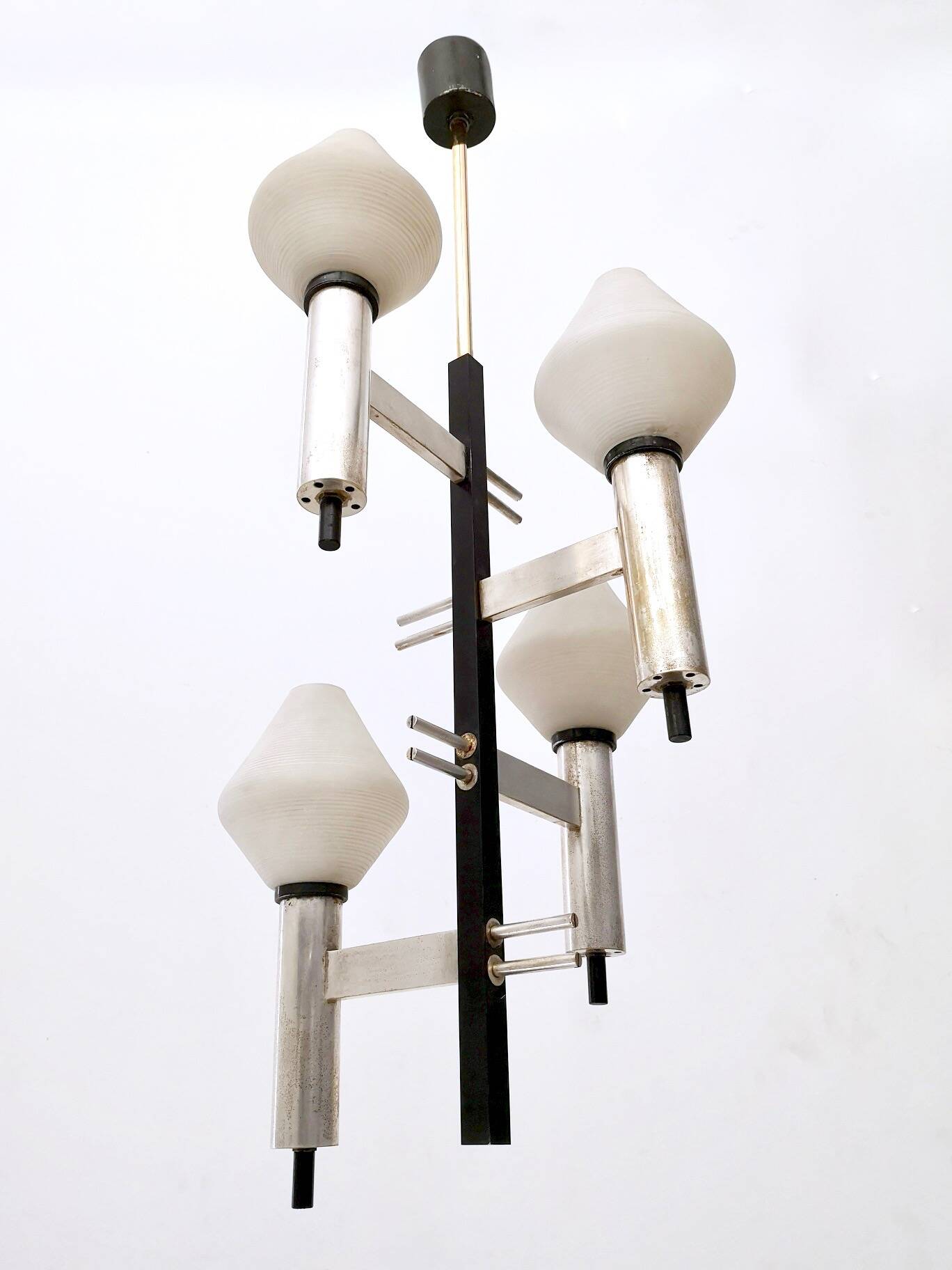 White Encased and Engraved Glass and Brass Chandelier