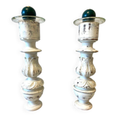 Paire de Gros Bougeoirs Flambeaux Chandeliers Bois Tourné Sculpté Blanchi