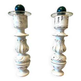Paire de Gros Bougeoirs Flambeaux Chandeliers Bois Tourné Sculpté Blanchi
