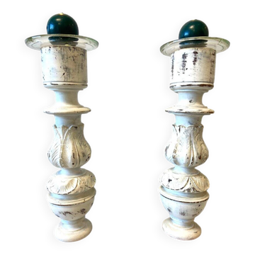 Pair of Large Candlesticks Candle Holders Turned Wood Carved Bleached