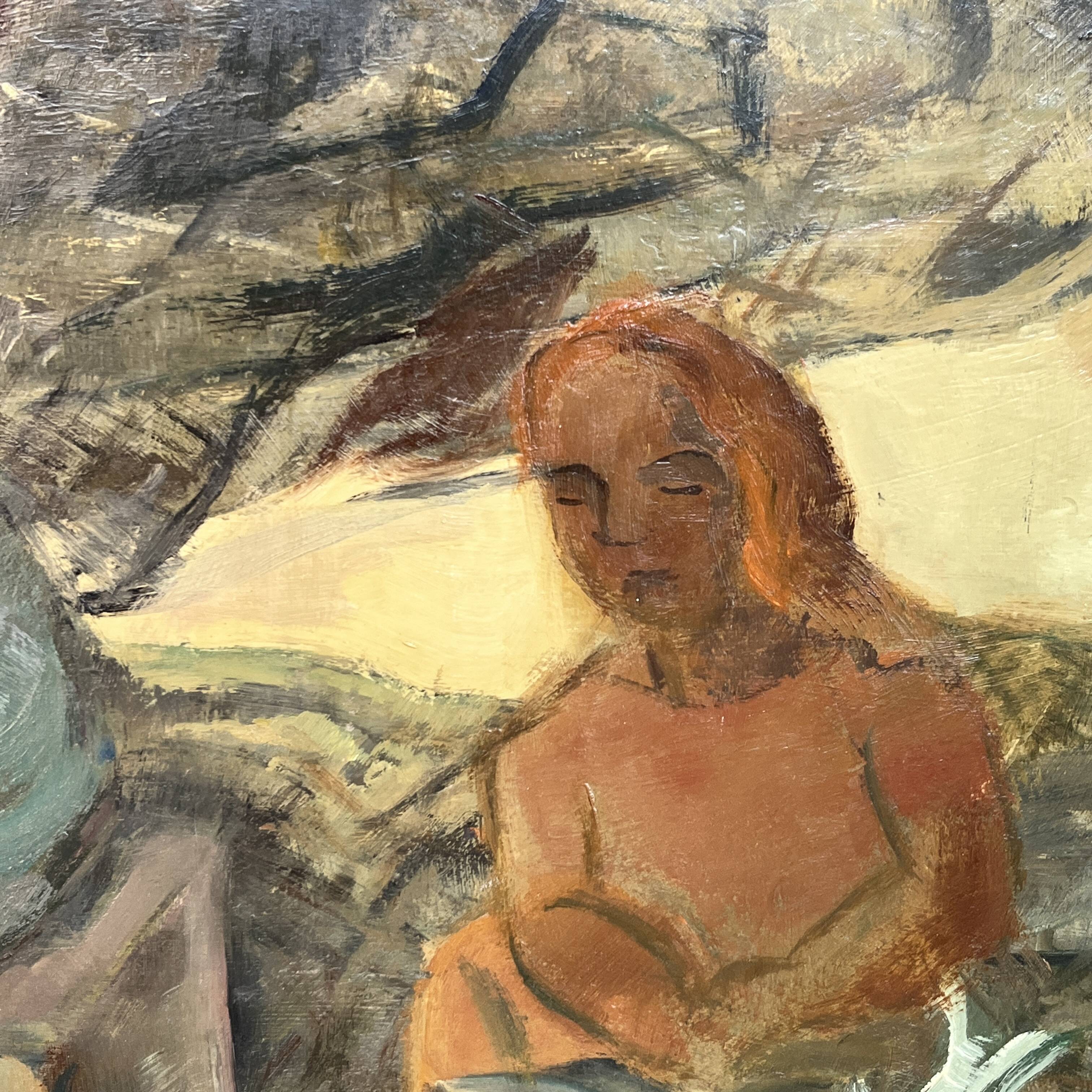 Painting "return from fishing", oil on panel, flory roland ca 1945