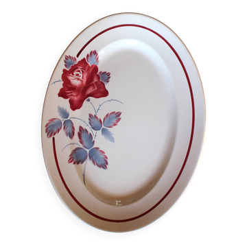Oval plate Red rose blue Sobral Digoin Sarreguemines Art Deco