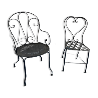 19th century black garden chair & armchair - wrought iron