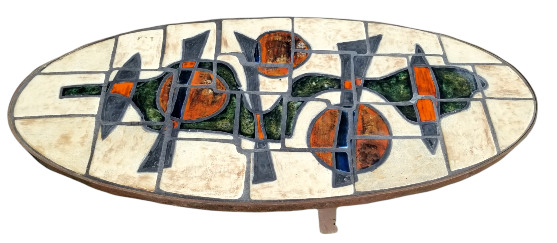 Oval coffee table ceramic wrought iron vintage