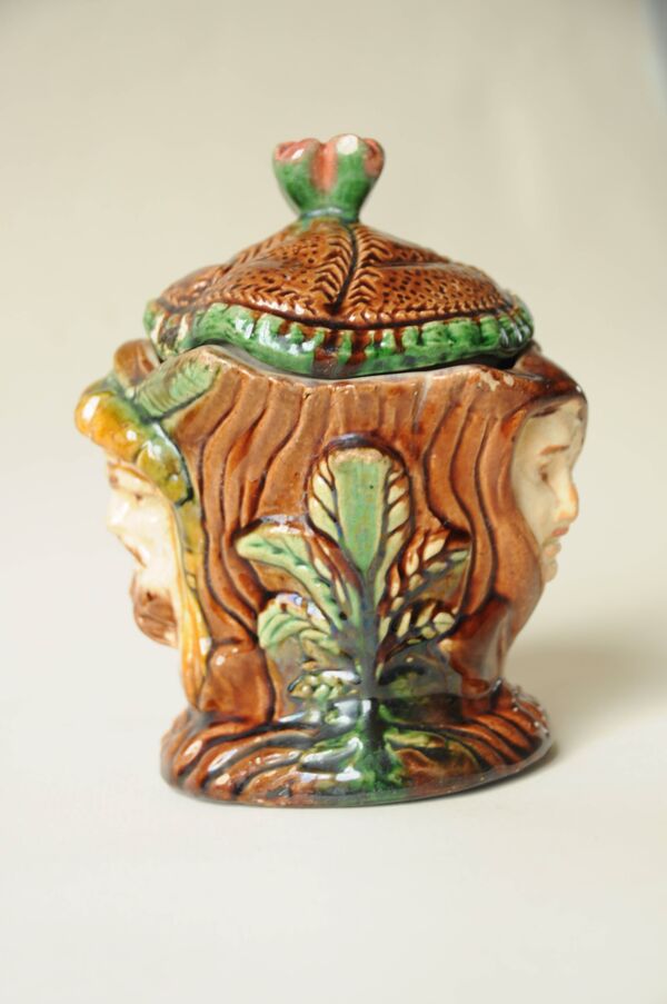 Pot Tabac Ancien Tête Janiforme  - Barbotine Majolica 19e - Style Médiéval