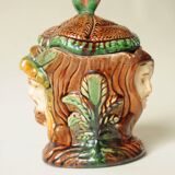 Old Tobacco Pot Janiform Head - Majolica Barbotine 19th Century - Medieval Style