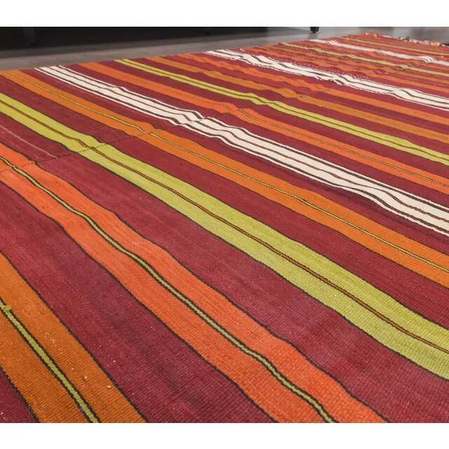 1970s Turkish Hand-Knotted Wool Kilim Flatweave Striped Rug 134x252