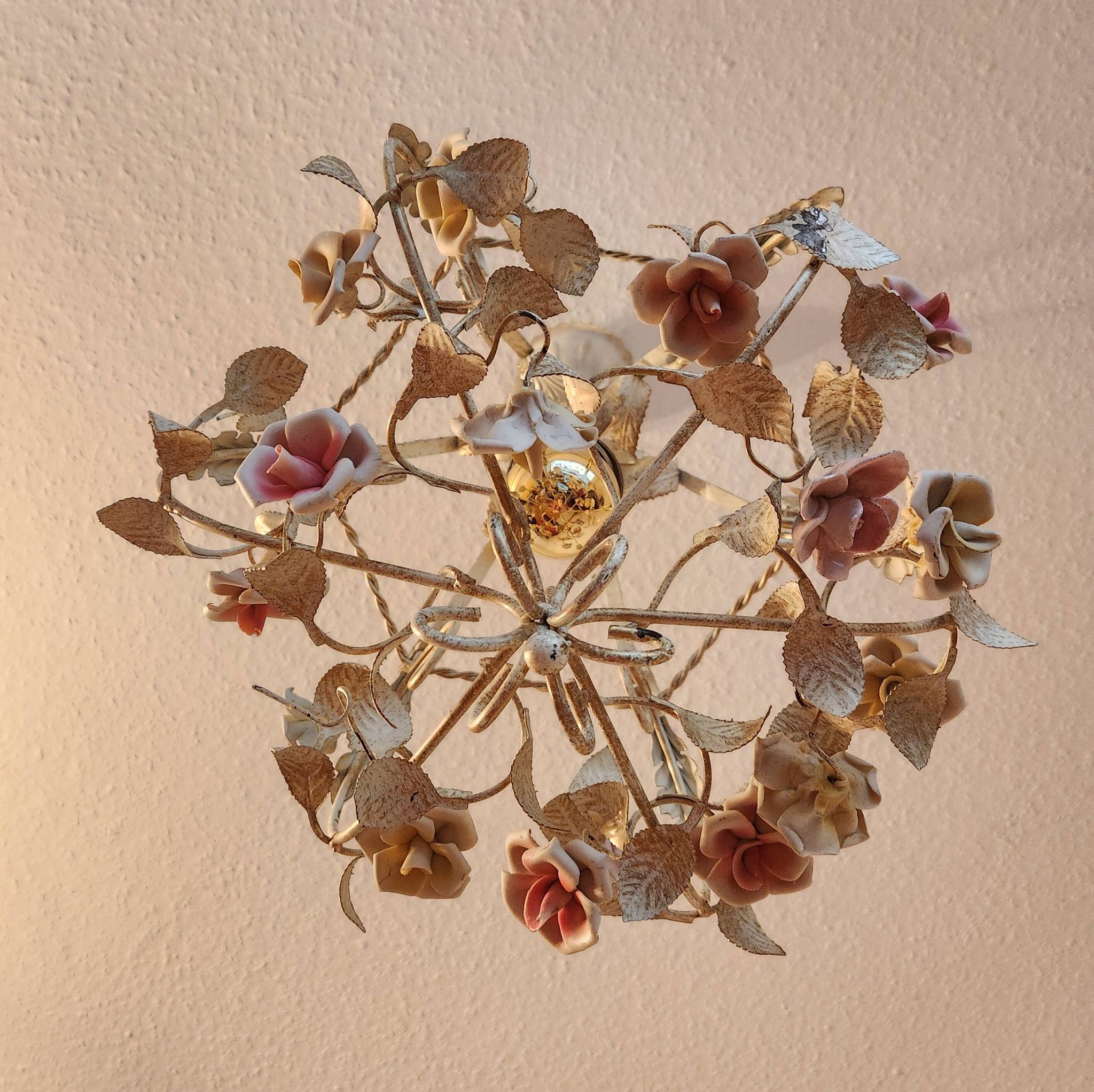 Hand-forged vintage pendant lamp with porcelain roses, Denz Neheim Hüsten