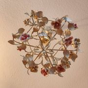 Hand-forged vintage pendant lamp with porcelain roses, Denz Neheim Hüsten