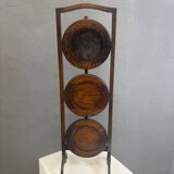 Vintage 3-tier cake stand in dark wood, 1920s serving display.