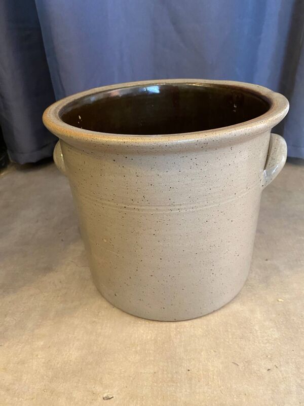 Cache pot en gres vernisse decor oiseau bleu au colbalt avec petites oreilles