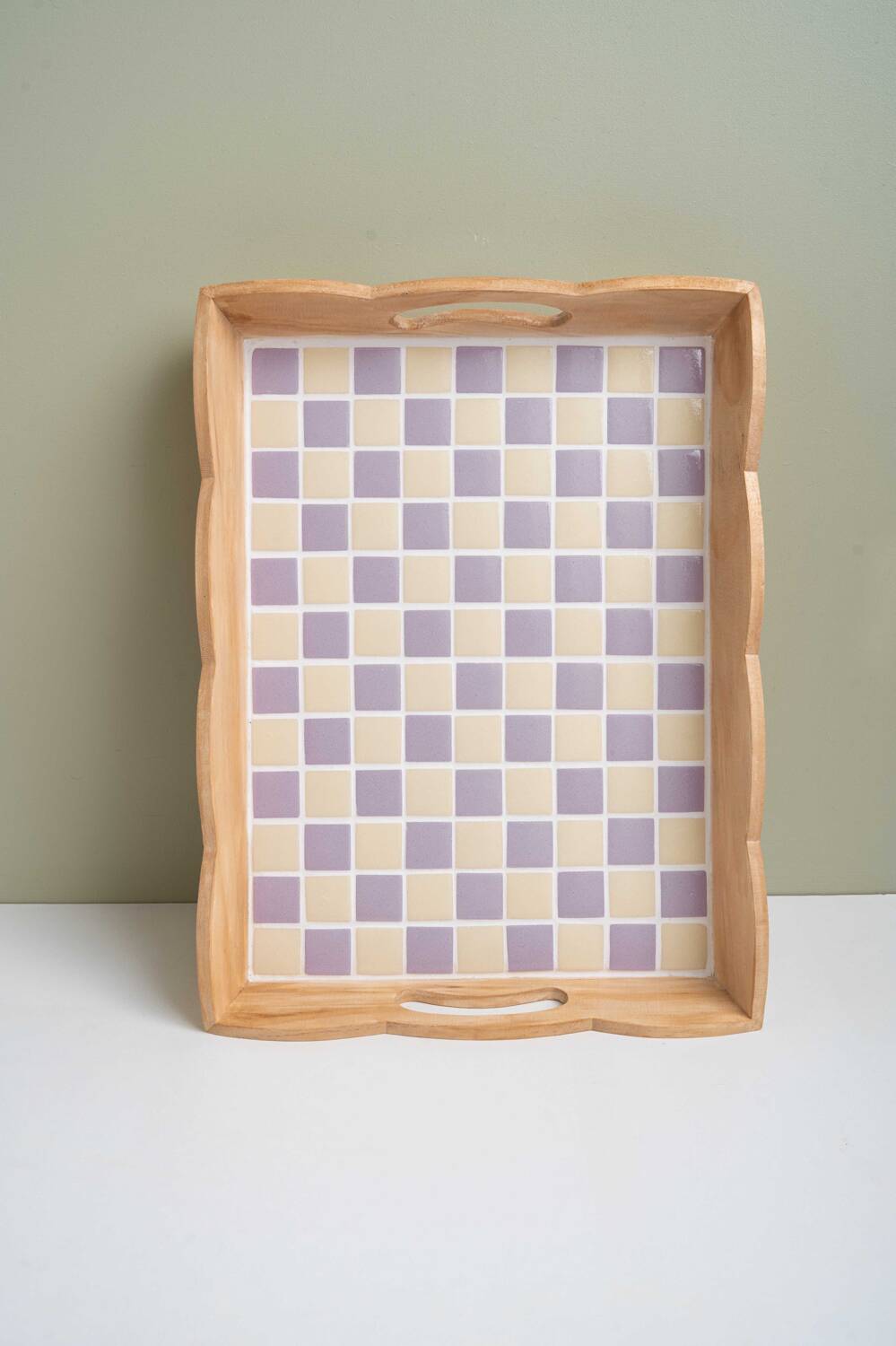 Handcrafted checkerboard tiled wooden tray