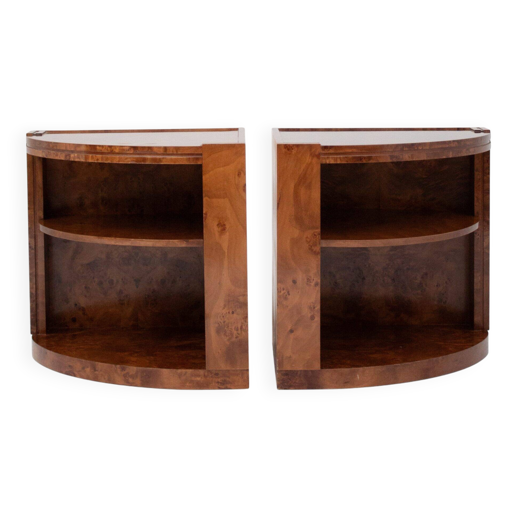 Pair of half-moon cabinets in burl wood