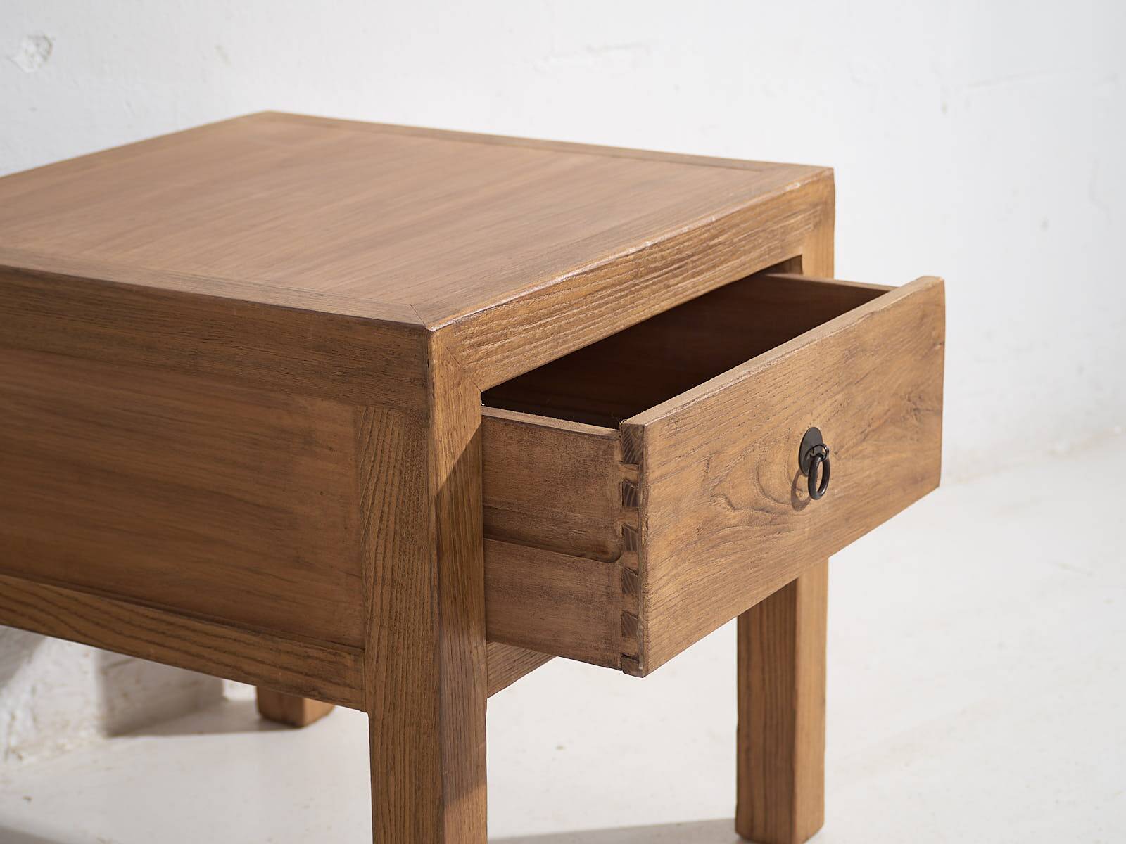 Square bedside table in antique elm wood